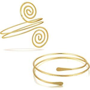 2PCS Gold Silver Coil Swirl Upper Arm Cuff Bracelets for Women Adjustable Stylis